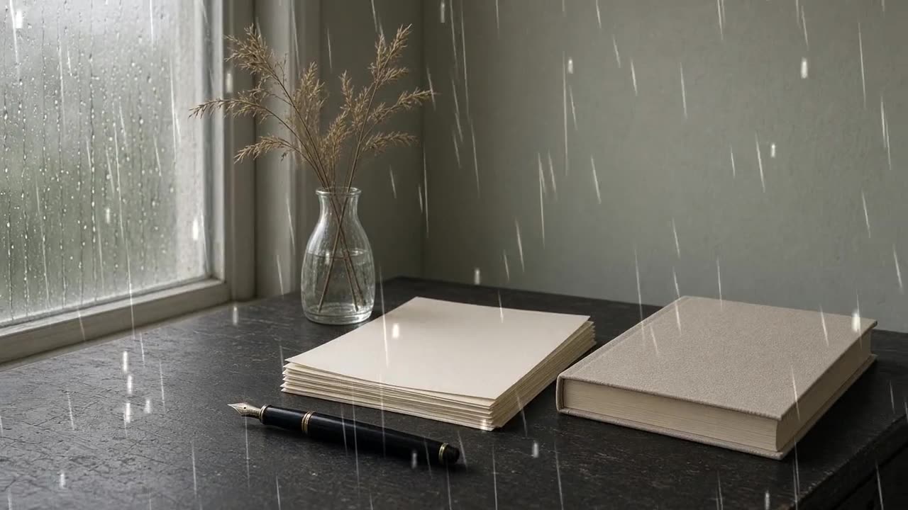 A writing table by a rain-streaked window